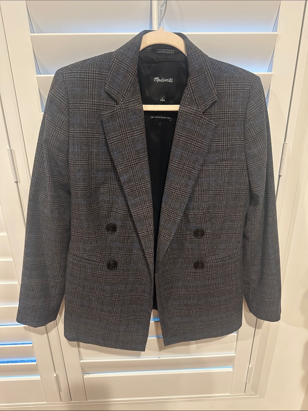 Madewell Double-Breasted Plaid Blazer in Gray and Blue Check